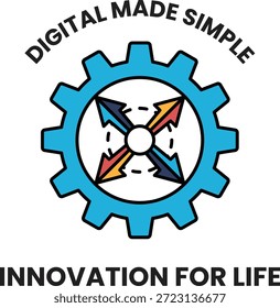 A white and black logo for digital made simple innovation for life. The logo is a gear with arrows pointing to it