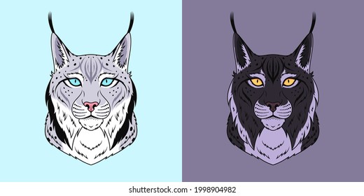 White and black lynx head with blue and golden eyes, isolated lynx face. Predatory bobcat. Lynx silhouette, logo and mascot. Vector illustration for graphic design of cover, poster, sticker and print