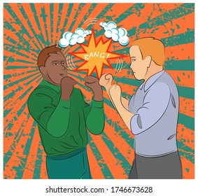 The white and black man clenched his hands into fists and fight. Mixed style - sketch, pop art, cartoon. Vector illustration