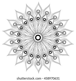 White black mandala vector isolated. India, tribal, oriental or arabic ornament for coloring page. Peacock feathers decoration print.