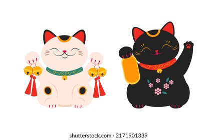 White and black Maneki Neko, Asian lucky cat set. Feng Shui, fortune, folklore toy cartoon vector illustration