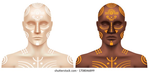 White and black men painted with ethnic body art. Vector set of adult men body, covered with spiritual lifestyle ornament drawings.