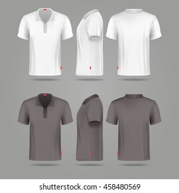 White black mens polo t-shirt front back and side views vector mockups. Template fashion tshirt for sport illustration