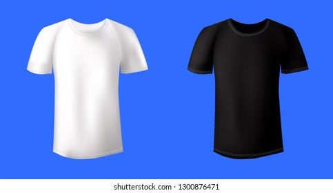 White and Black men's t-shirt realistic mockup. Vector illustration. Tee shirt template isolated on blue background.