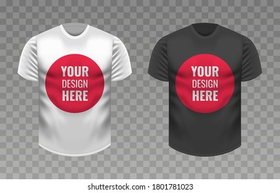 White and Black men's t-shirt realistic mockup isolated on transparent background. Vector illustration.