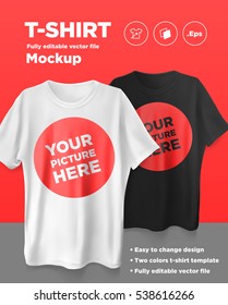 White and Black men's t-shirt realistic mockup. Vector illustration