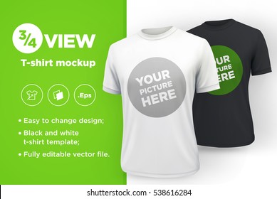 White and Black men's t-shirt realistic mockup. Vector illustration