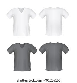 White black men's or unisex t-shirt short front and back views vector mockups. Template fashion tshirt illustration.