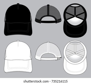 White and Black Mesh Trucker Cap With Adjustable Slide Buckle Plastic Zip Vector.Front, Back and Under View.