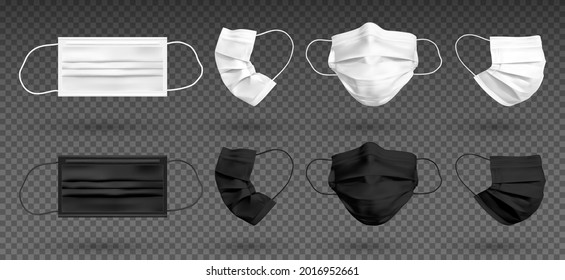 White and black mockup protective face mask or medical mask. To protect coronavirus and infection. Medical mask set isolated on transparent background.