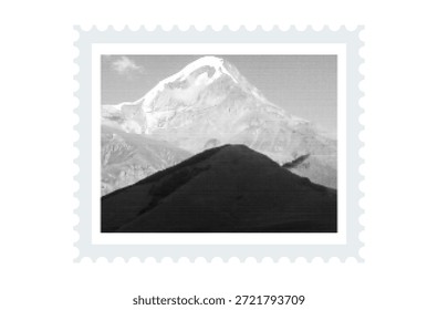Montañas blancas y negras. Un sello postal con un contorno contrastante de rocas con una textura de semitono. Pendientes de piedra y picos, paisaje. Arte moderno, afición filatélica, enviar una carta por correo. Vector