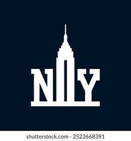 A white and black NY logo with a building in the background. The logo is simple and clean