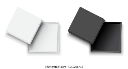 offene Schachteln aus Weiß und Schwarz. Draufsicht. Vektorgrafik 3d. Leere offene Geschenkbox-Vorlage. Stockbild. EPS10.