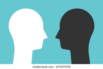 White and black opposite head silhouettes looking at each other. Psychology, mental health, conflict and opposites concept. Flat design. EPS 8 vector illustration, no transparency, no gradients