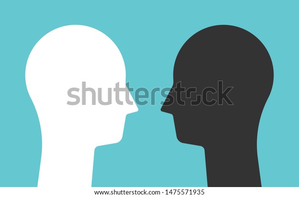 White and black opposite head silhouettes\
looking at each other. Psychology, mental health, conflict and\
opposites concept. Flat design. EPS 8 vector illustration, no\
transparency, no\
gradients