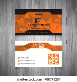White, Black and Orange Abstract Circular Business Card on Wooden Background with QR Code and Abstract F Logo