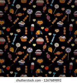 White, black and orange version. Vector illustration. Isolated. Cute and colorful candy sweet seamless pattern on white, black and orange background.