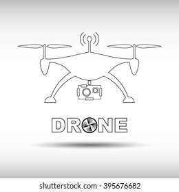 White with black outline drone, quadcopter. Remote drone with a camera taking photography or video recording. Flat design style. Illustration with the inscription "Drone". Logo drone. Icon. UAV camera