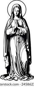 A white and black outline sketch illustration silhouette of Virgin Mary praying