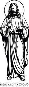 A white and black outline sketch illustration silhouette of Jesus Christ praying with closed eyes