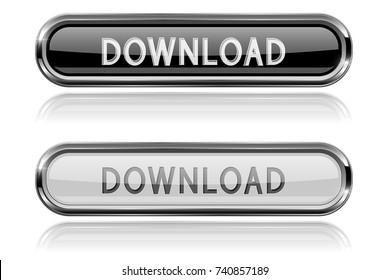 White and black oval DOWNLOAD buttons with bold chrome frame. 3d shiny icons. Vector illustration isolated on white background