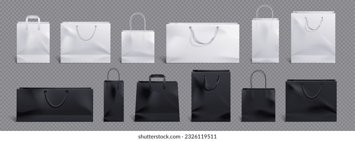 White and black paper bag and handle vector mockup. Shopping package mock up to carry food front view icon merchandising design collection. 3d retail reusable branding merchandise illustration