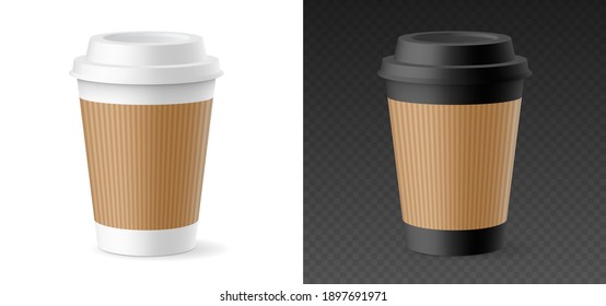 White and black paper cups with craft sleeve holder mockup isolated, 3d rendering design. Disposable container with clutches for coffee or tea mock up. Vector illustration