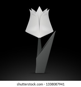 white and black paper origami tulip on a gradient black background
