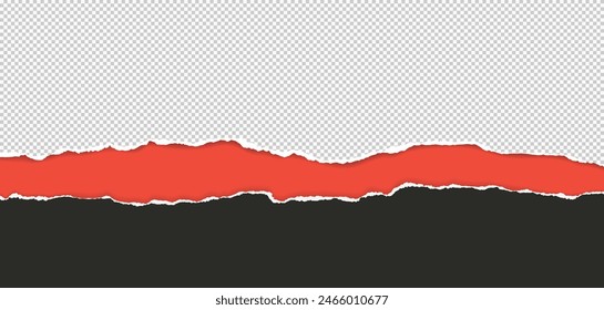 White and black paper strips with torn edges and soft shadow are on red background for text or ad.