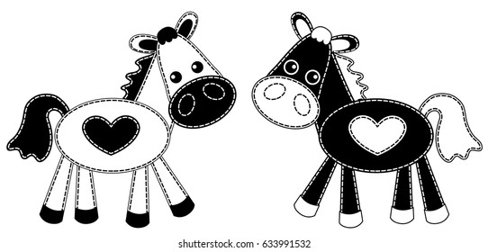 White and black patchwork horses. Vector illustration. Isolated on white.
