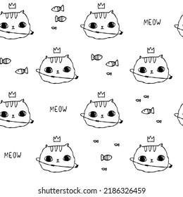 White and black pattern with cat princess and doodle fish. Seamless background pet. Textiles for baby, paper scrapbook.