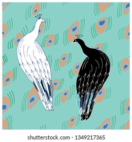 White and black peacocks cute hand drawn seamless vector pattern. Sketch textile, wrapping paper, background, wallpaper, pattern fills, web page background. Vector illustration.