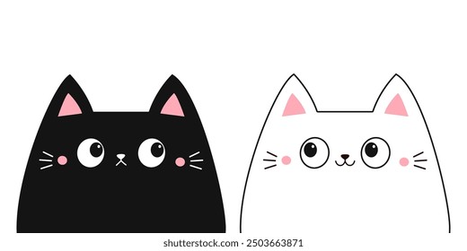 White Black peeking cat set. Smiling Sad kitten face head. Funny pet animal. Cute cartoon kawaii baby character. Contour line doodle. Pink cheeks. Childish style. Flat design. White background. Vector