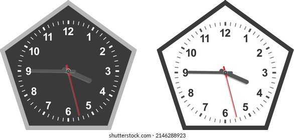 Icono de reloj de pared de la oficina del pentágono blanco y negro. Plantilla de diseño cerrada en vector. Maqueta para la marca y publicidad aislada