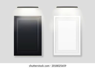 White and black photo frame backlit template. Empty realistic banner with led lamp on top advertising wooden rectangle for images and vector interior.