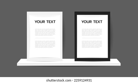 White and black picture frames are placed on a white wall shelf on gray  background ,  Flat Modern design , Illustration Vector  EPS 10