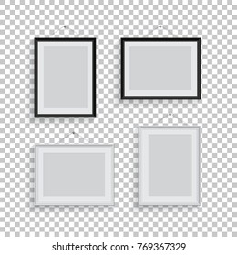White and black picture or photo frames in different positions isolated on grey background. Vector frame set.