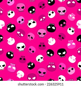 white, black and pink skulls background, seamless pattern 