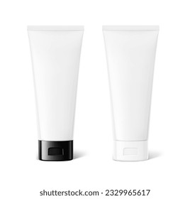 White and black plastic tube mockup with flip top cap. Vector illustration isolated on white background. Can be use for your design, advertising, promo and etc. EPS10.