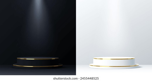 White and black podium stages with golden frames. 3d vector realistic platform or pedestal mockup for cosmetics products displaying. Studio background with circular low stand decorated with gold ring