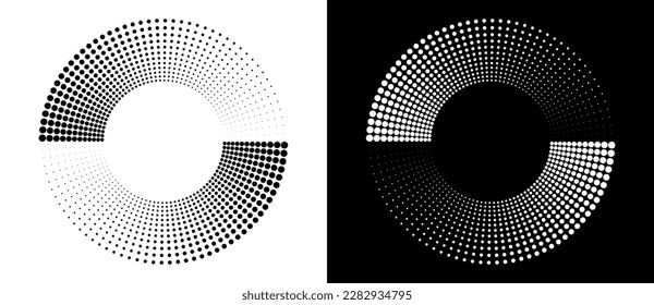 White and black polka dots in a circle as a logo or abstract background. A rotating circle like a loading sign with 2 parts.
