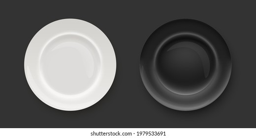 White and black porcelain plates for dishes. Top view on two empty clean kitchen plates vector illustration. Round realistic simple tableware objects on black background. Dinner or breakfast.