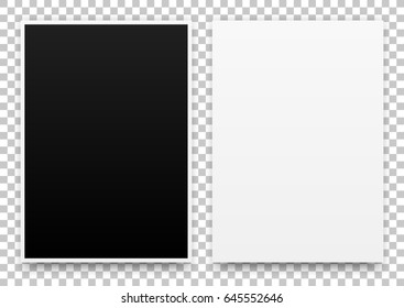 White and black posters realistic template, mock-up with margins, realistic shadow and transparent background. Vector illustration.