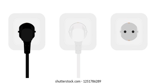 White And Black Power Cords Cable Plugged Into European Wall Outlet On White Wall. Vector Illustration