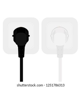 White And Black Power Cords Cable Plugged Into European Wall Outlet On White Wall. Vector Illustration