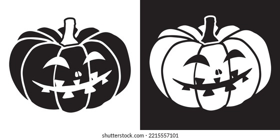 White and black pumpkin halloween icon. Vector illustration isolated on white and black background.