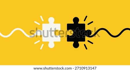 A white and a black puzzle piece are connecting, with light rays emanating from them, on a bright yellow background.