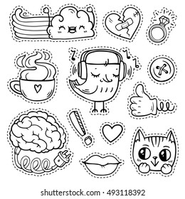 White and black quirky patch badges with fashion elements and cute animals. Hand-drawn stickers and pins in cartoon 80s-90s comic style. Brain with electric cable for charging. Thumbs-up.
