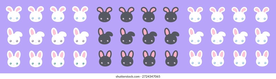 Conjunto de iconos de cara de conejo blanco y negro con expresiones emocionales