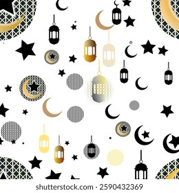  White and black Ramadan pattern featuring golden Islamic ornaments, lanterns, and stars.
